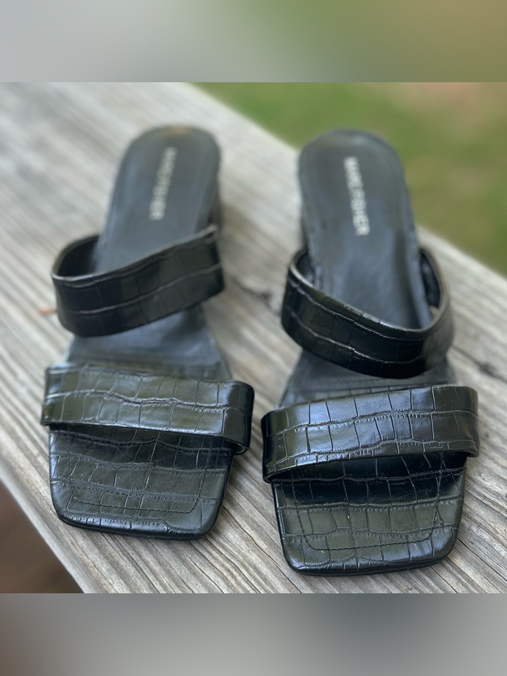 Marc FisherMinimalist Black Croc-Embossed Slide Sandals - Women